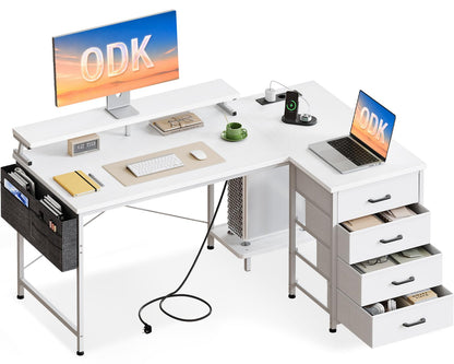 ODK Corner Desk with 4 Drawers and Socket, 140 x 80 cm, White