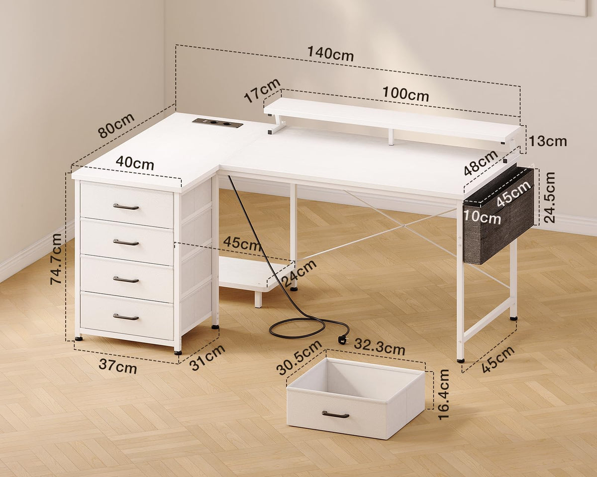 ODK Corner Desk with 4 Drawers and Socket, 140 x 80 cm, White