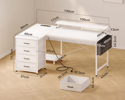 ODK Corner Desk with 4 Drawers and Socket, 140 x 80 cm, White
