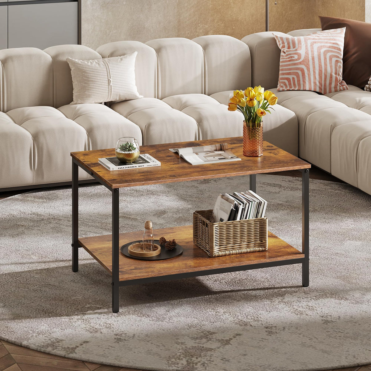 WLIVE Coffee Table, Modern Industrial Wooden Coffee Table with Storage Shelf & Metal Frame, 2-Tier Wood Centre Table for Small Spaces Apartment, Home, Rustic Brown