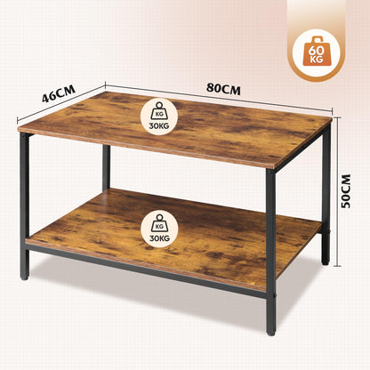 WLIVE Coffee Table, Modern Industrial Wooden Coffee Table with Storage Shelf & Metal Frame, 2-Tier Wood Centre Table for Small Spaces Apartment, Home, Rustic Brown