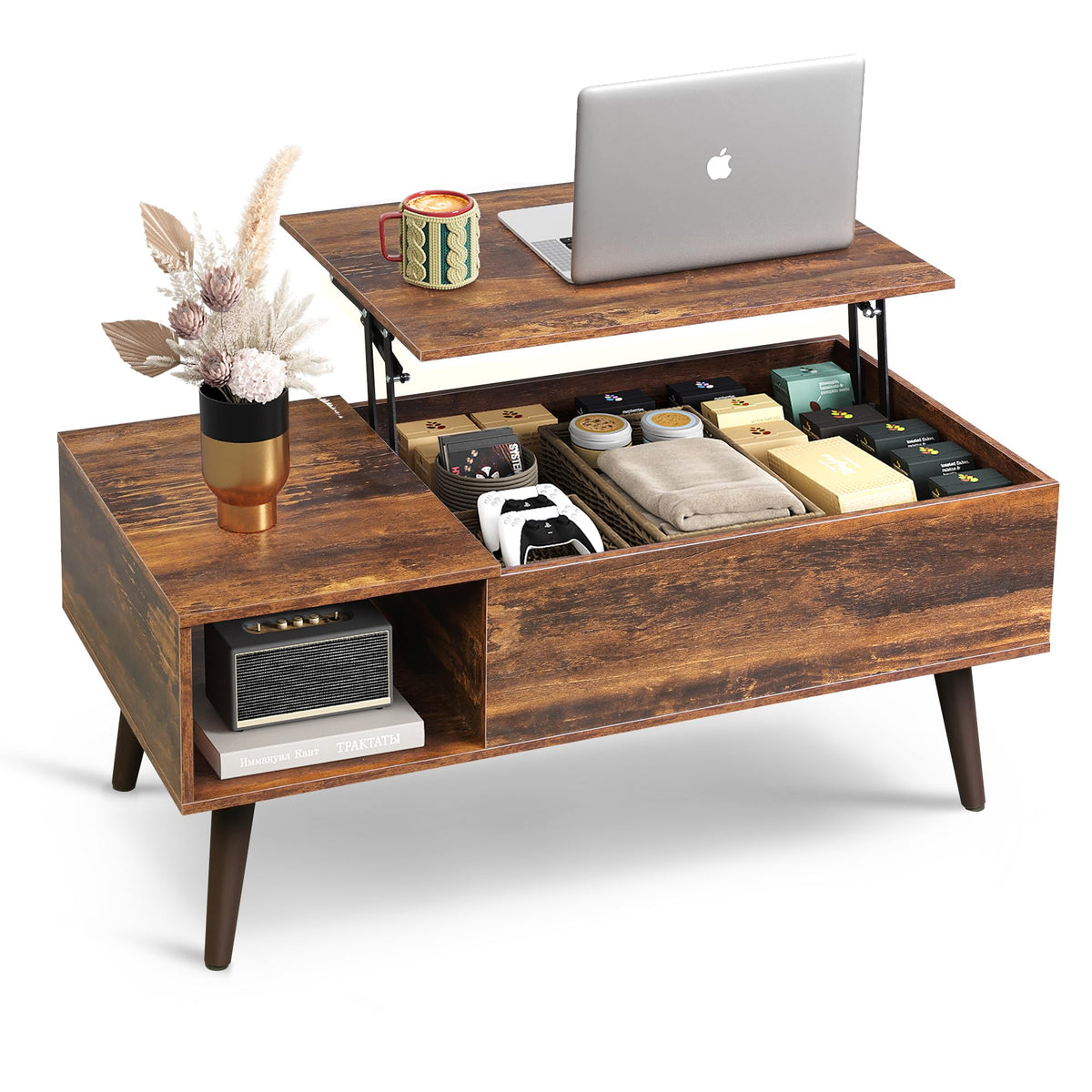 WLIVE Height-Adjustable Coffee Table with Storage Space, Living Room Table with Extendable Top & Open Compartments, Rectangular Coffee Table for Living Room, Rustic Brown