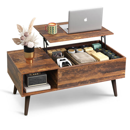 WLIVE Height-Adjustable Coffee Table with Storage Space, Living Room Table with Extendable Top & Open Compartments, Rectangular Coffee Table for Living Room, Rustic Brown