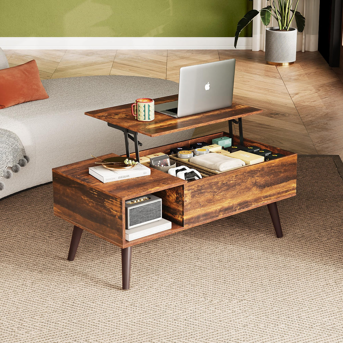 WLIVE Height-Adjustable Coffee Table with Storage Space, Living Room Table with Extendable Top & Open Compartments, Rectangular Coffee Table for Living Room, Rustic Brown