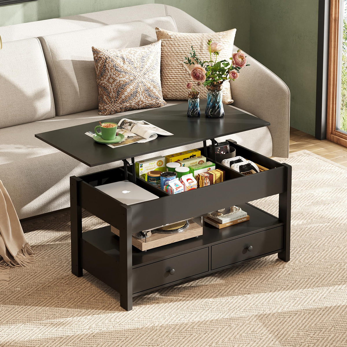 WLIVE Coffee Table 100cm, Lift Up Coffee Table with 2 Drawers, Large Hidden Hidden Compartment and Open Shelf, Lift Tabletop, Dining Table for Living Room, Black