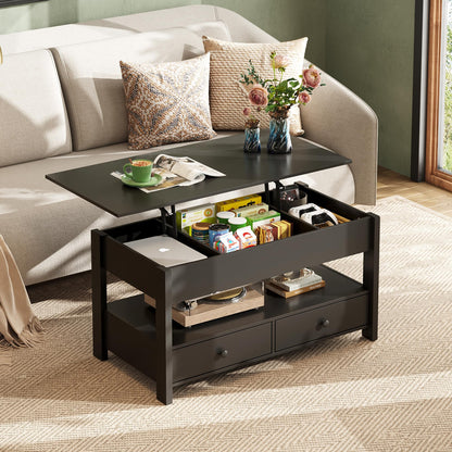 WLIVE Coffee Table 100cm, Lift Up Coffee Table with 2 Drawers, Large Hidden Hidden Compartment and Open Shelf, Lift Tabletop, Dining Table for Living Room, Black