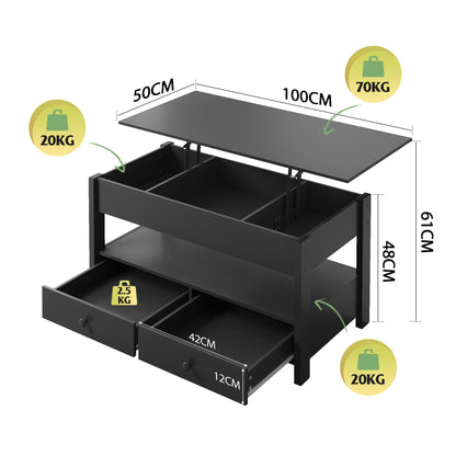 WLIVE Coffee Table 100cm, Lift Up Coffee Table with 2 Drawers, Large Hidden Hidden Compartment and Open Shelf, Lift Tabletop, Dining Table for Living Room, Black