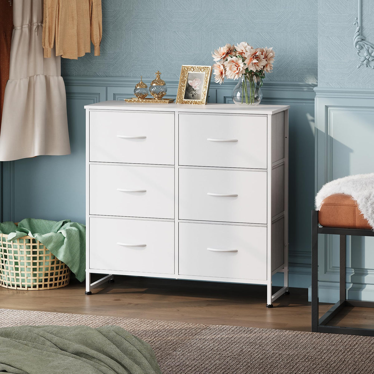 WLIVE Fabric Chest of Drawers Bedroom Dresser 6 Drawer Double Chest of Drawers Storage Tower with Fabric Storage