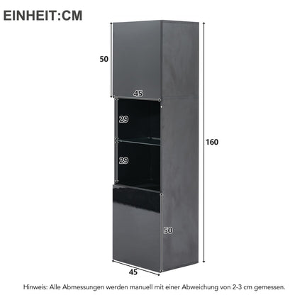 High Gloss Display Cabinet with LED Lighting 1 Glass Shelf 2 Doors Freestanding Tall Cabinet 45 x 35 x 160 cm Storage Cabinet for Living Room Bedroom Dining Room Kitchen Office Black
