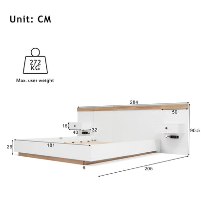 Double Bed System with 2 LED Bedside Tables and USB C Socket 180 x 200 cm Wooden Bed Including 2 Bedside Tables Bedroom Complete 205 x 284 x 90.5 cm (D/W/H) Set in Sonoma Oak / White (Mattress Not Included)