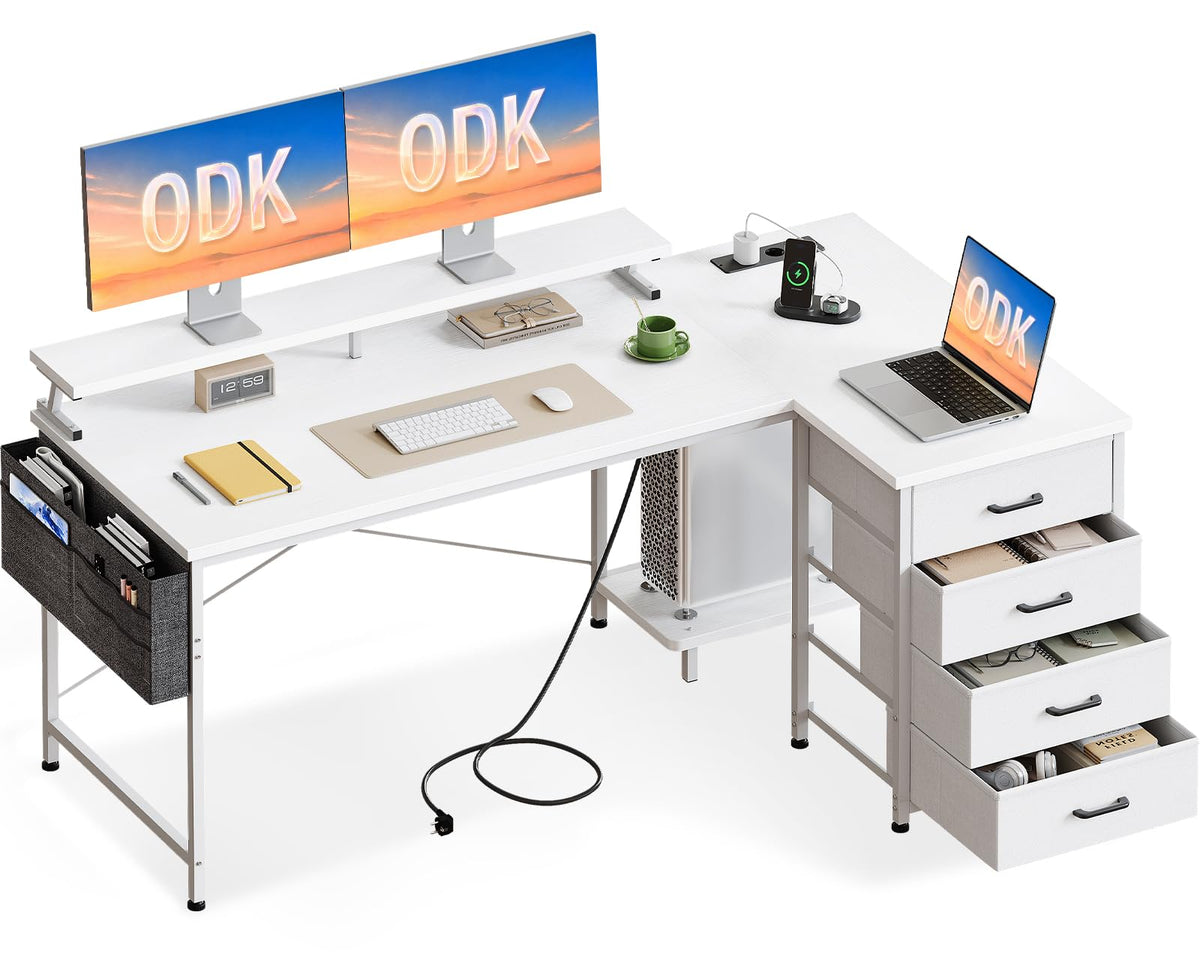 ODK Corner Desk with 4 Drawers and Socket, 160 x 80 cm, White