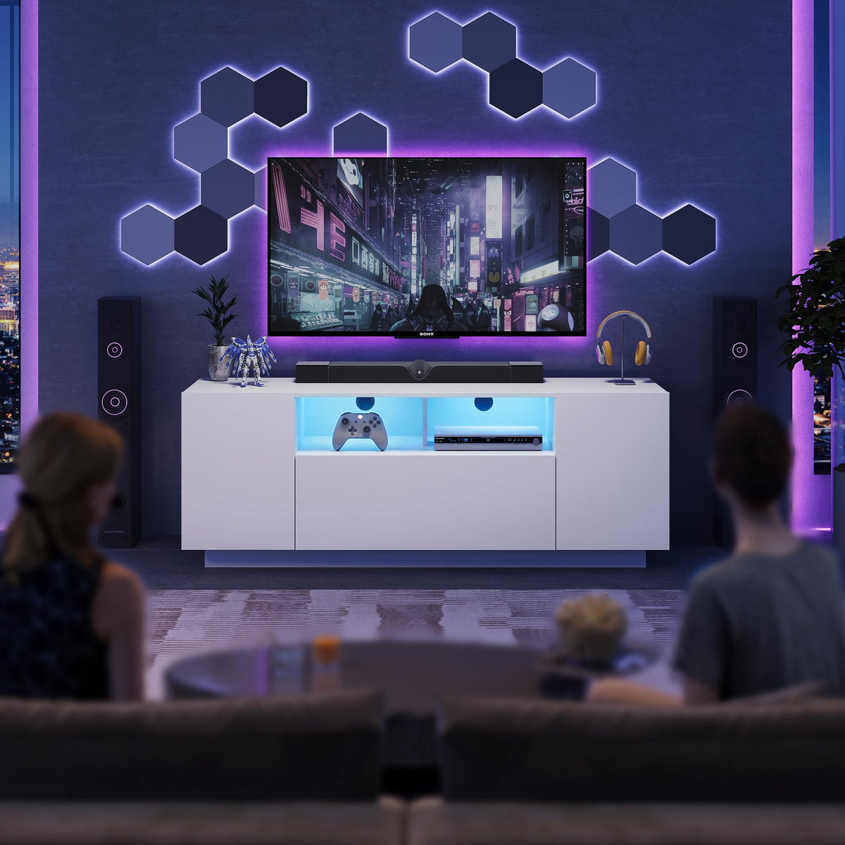 WLIVE TV Stand with LED Lights & Large Storage Cabinet, Modern Entertainment Center for 32/43/50/55 Inch TVs, Sturdy Media Console for Living Room, Bedroom, Gaming, White