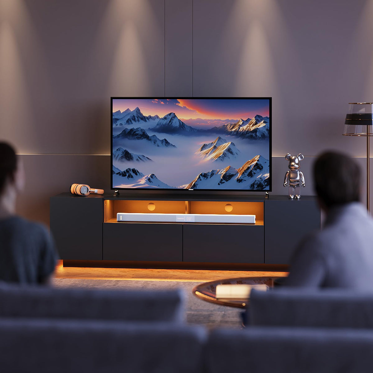 WLIVE LED TV Stand for 65/70/75 Inch TVs, Modern Entertainment Center with Storage Cabinets and Drawer, Gaming Media TV Console with RGB Lights for Living Room, Black