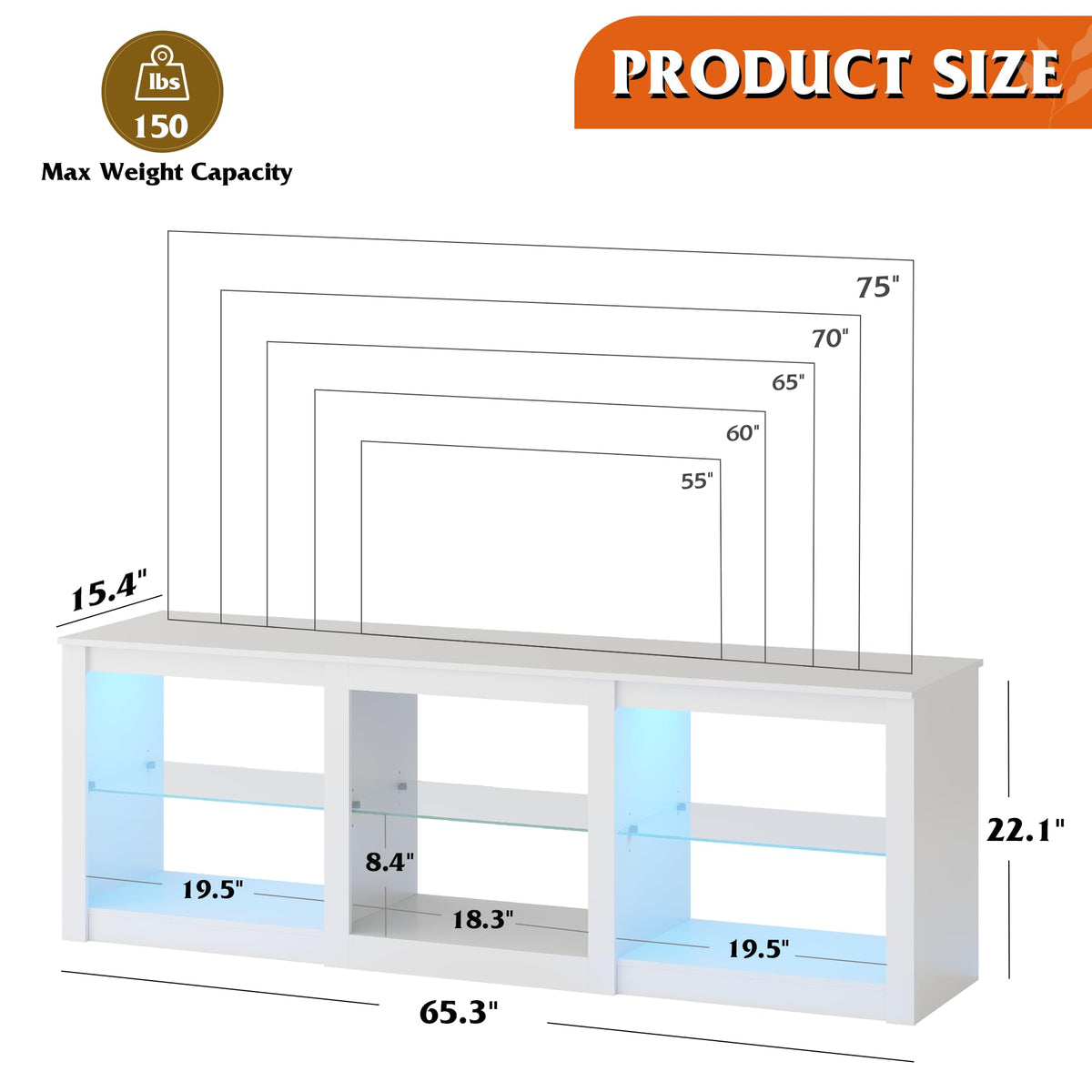 WLIVE TV Stand for 55/65/75 Inch TV, Modern Entertainment Center with LED Lights & Adjustable Glass Shelves, Sturdy Media Console for Living Room, Bedroom,Gaming (White)