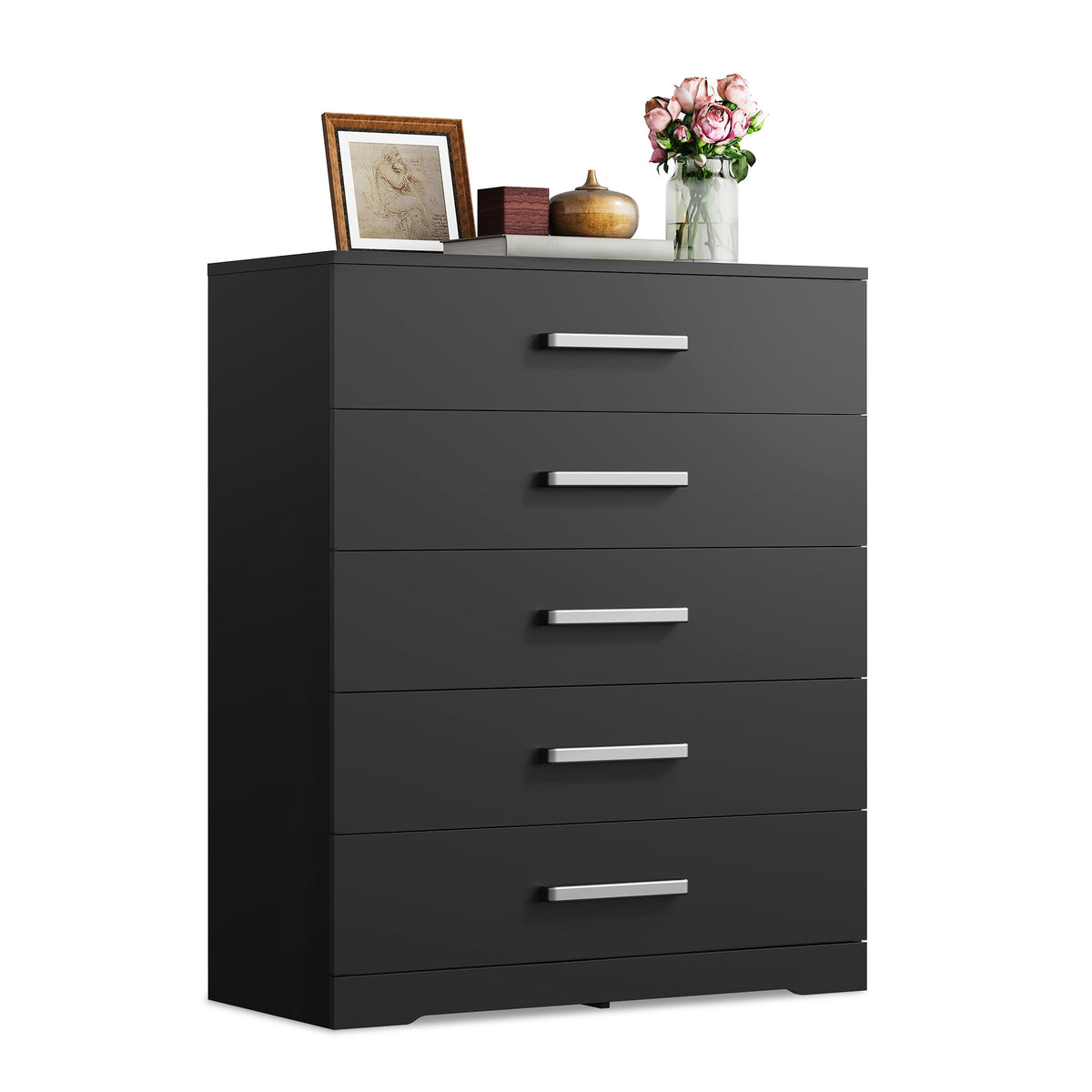 WLIVE Meuble de Rangement 5 tiroirs Noir, Commode Moderne pour Chambre