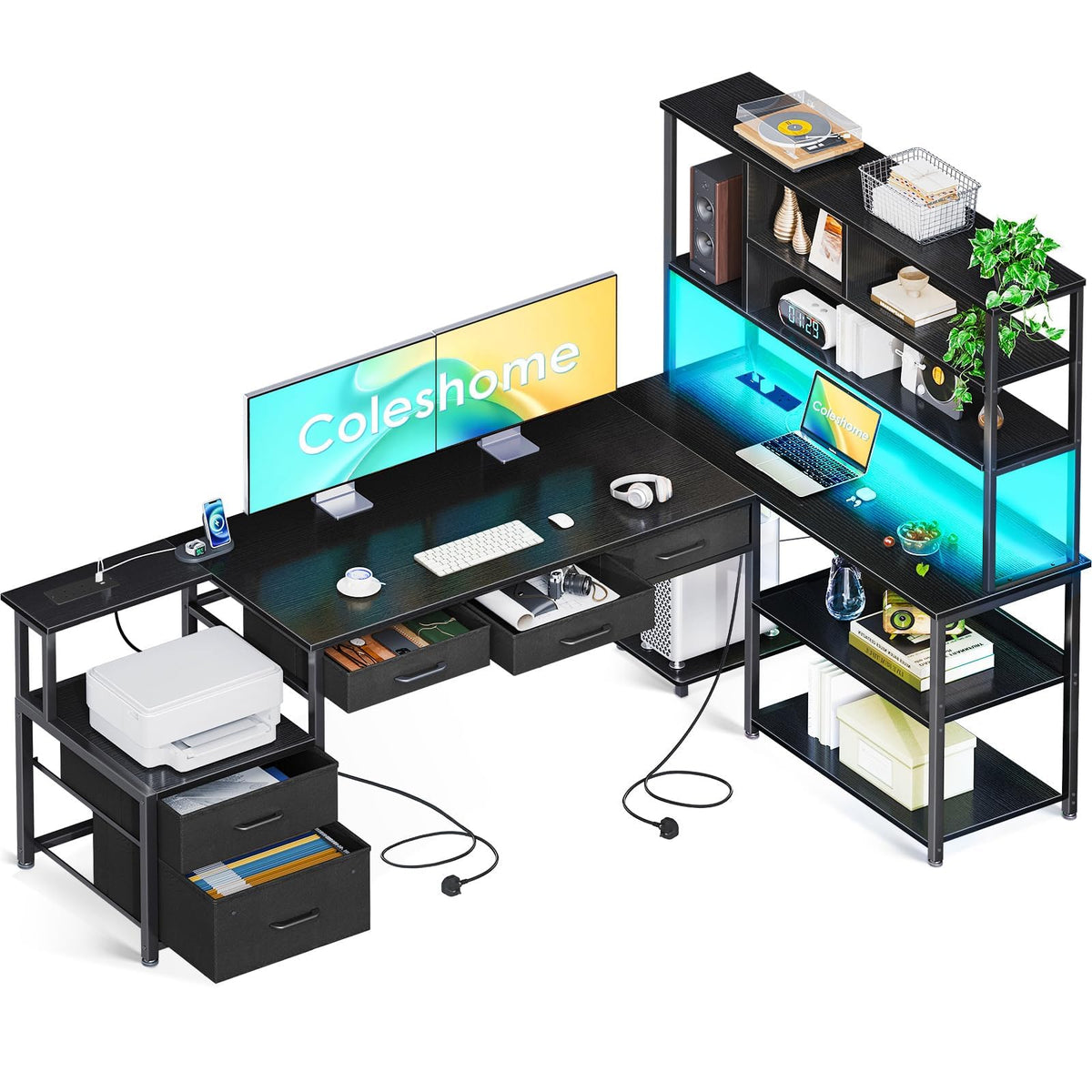 Coleshome L Shaped Corner Desk with Drawers, Reversible Home Office Computer Desk with Storages & Shelves, Gaming Table with LED Lights & Power Outlets Black, 180 × 100 cm