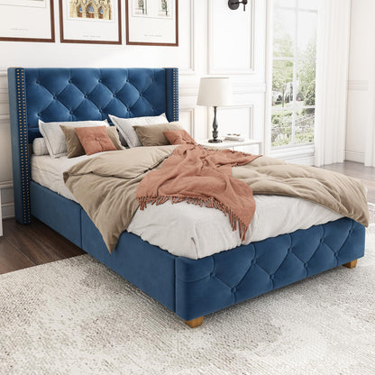 Upholstered Bed 90 x 200 cm Blue Velvet with Slatted Base Padded with Buttons and Rivet Design