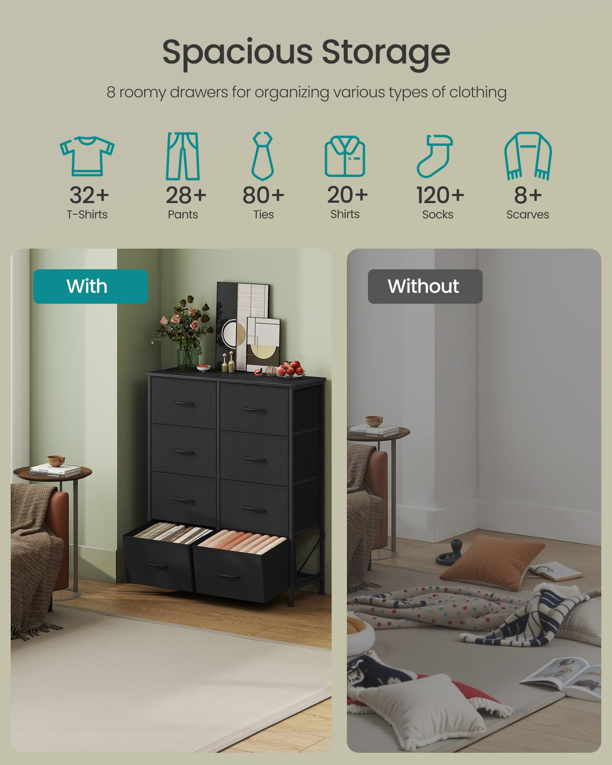 SONGMICS Dresser for Bedroom, Tall Dresser with 8 Fabric Drawers