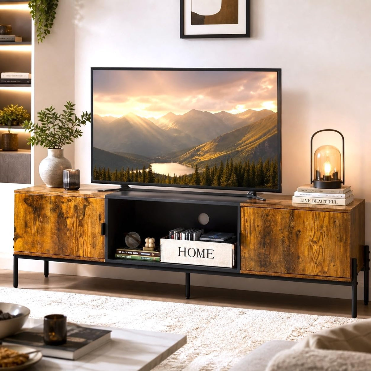 WLIVE TV Stand for 65 Inch TVs, Media Console with Metal Legs, Rustic Brown