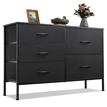 WLIVE 5 Drawer Black Fabric Dresser for Bedroom, Wide Storage Chest