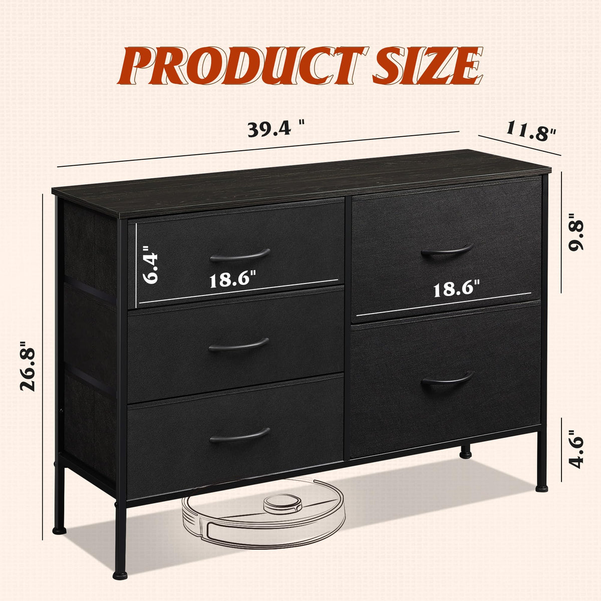 WLIVE 5 Drawer Black Fabric Dresser for Bedroom, Wide Storage Chest