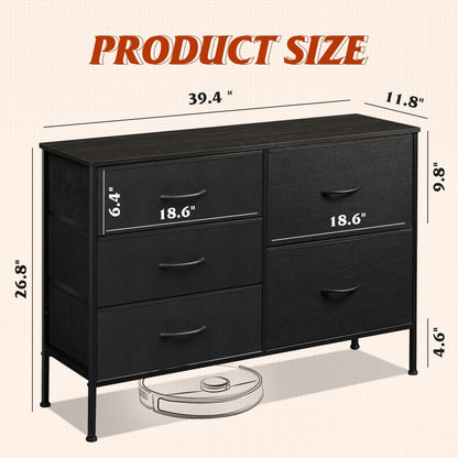 WLIVE 5 Drawer Black Fabric Dresser for Bedroom, Wide Storage Chest