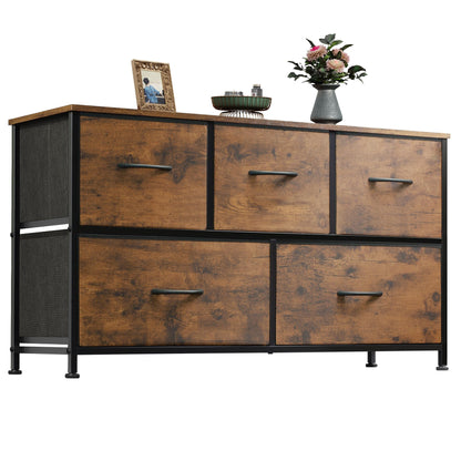 WLIVE Wide Dresser for Bedroom, 5 Drawer Chest of Drawers, Rustic Brown