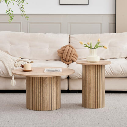 GrandCA HOME Set of 2 Round Stackable Drum Style Coffee Tables for Living Room, Bedroom, Balcony and Office, Mid-Century Modern Style, Natural Wood Grain