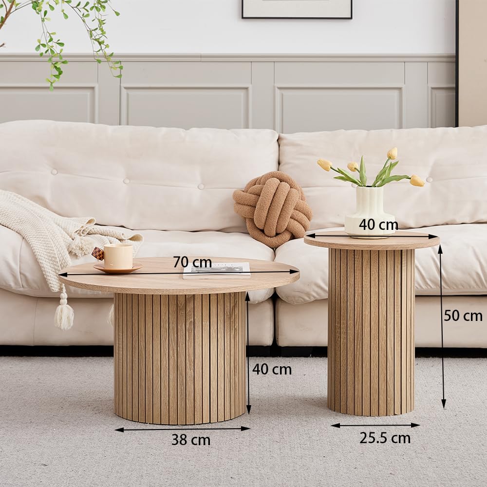 GrandCA HOME Set of 2 Round Stackable Drum Style Coffee Tables for Living Room, Bedroom, Balcony and Office, Mid-Century Modern Style, Natural Wood Grain