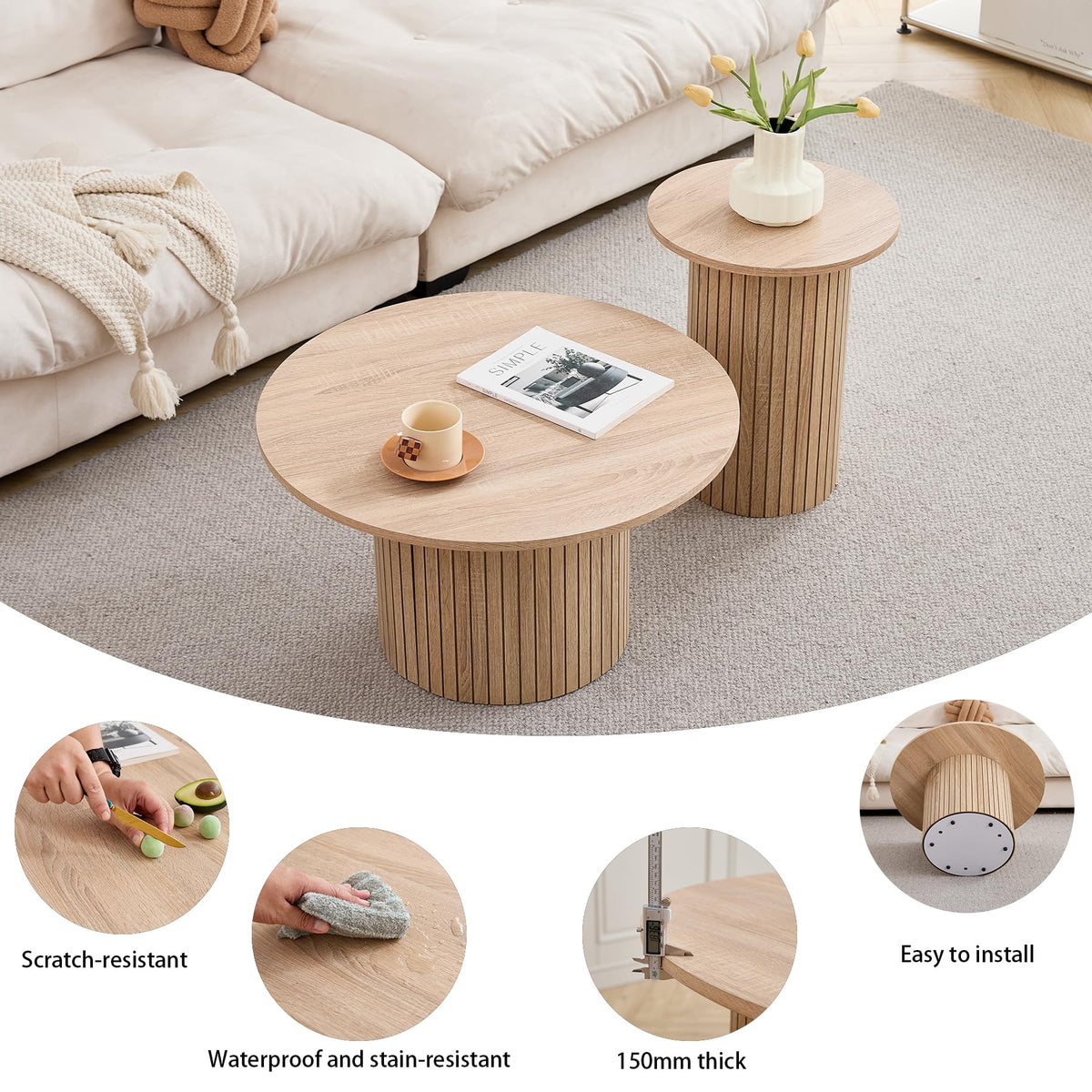 GrandCA HOME Set of 2 Round Stackable Drum Style Coffee Tables for Living Room, Bedroom, Balcony and Office, Mid-Century Modern Style, Natural Wood Grain