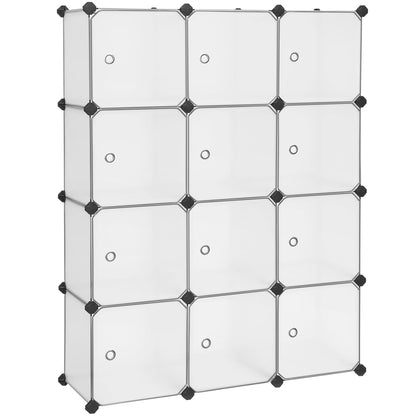 SONGMICS 12-Cube Storage Unit, Shoe Rack, Stackable Cubes, Plastic Closet Cabinet, Wardrobe, with Doors, for Bedroom, Office, Easy to Assemble, White LPC342W01