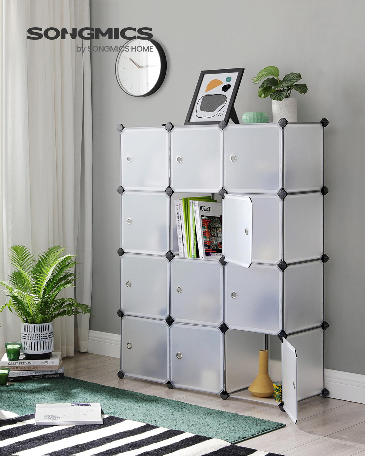 SONGMICS 12-Cube Storage Unit, Shoe Rack, Stackable Cubes, Plastic Closet Cabinet, Wardrobe, with Doors, for Bedroom, Office, Easy to Assemble, White LPC342W01