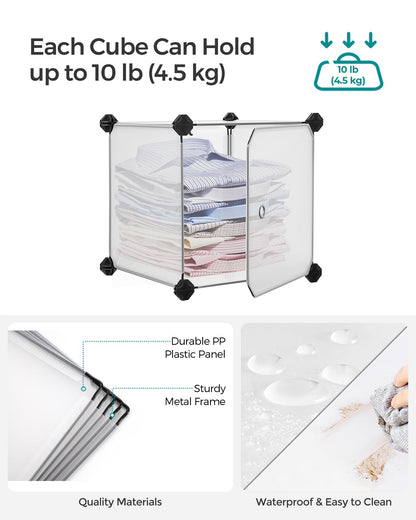 SONGMICS 12-Cube Storage Unit, Shoe Rack, Stackable Cubes, Plastic Closet Cabinet, Wardrobe, with Doors, for Bedroom, Office, Easy to Assemble, White LPC342W01