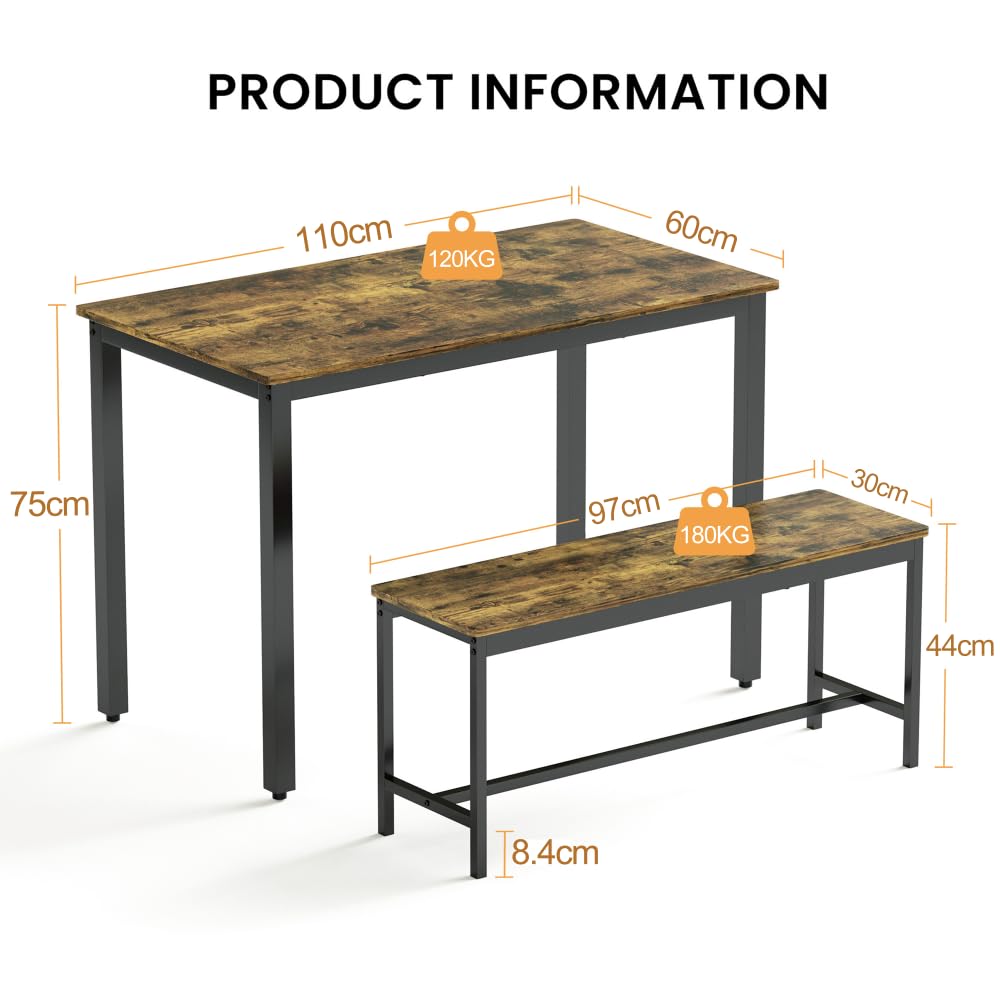 Brandless Dining Table Set with Benches Bar Table Kitchen Table Industrial Breakfast Table for Kitchen Living Room Party Room with Storage Space and Stable Construction (Black + Rust Brown)