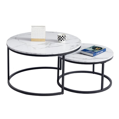 Symylife Round Nesting Coffee Table, Set of 2 Coffee Table with Faux Marble Top, Side Tables with Metal Frame for Living Room, Office, Apartment