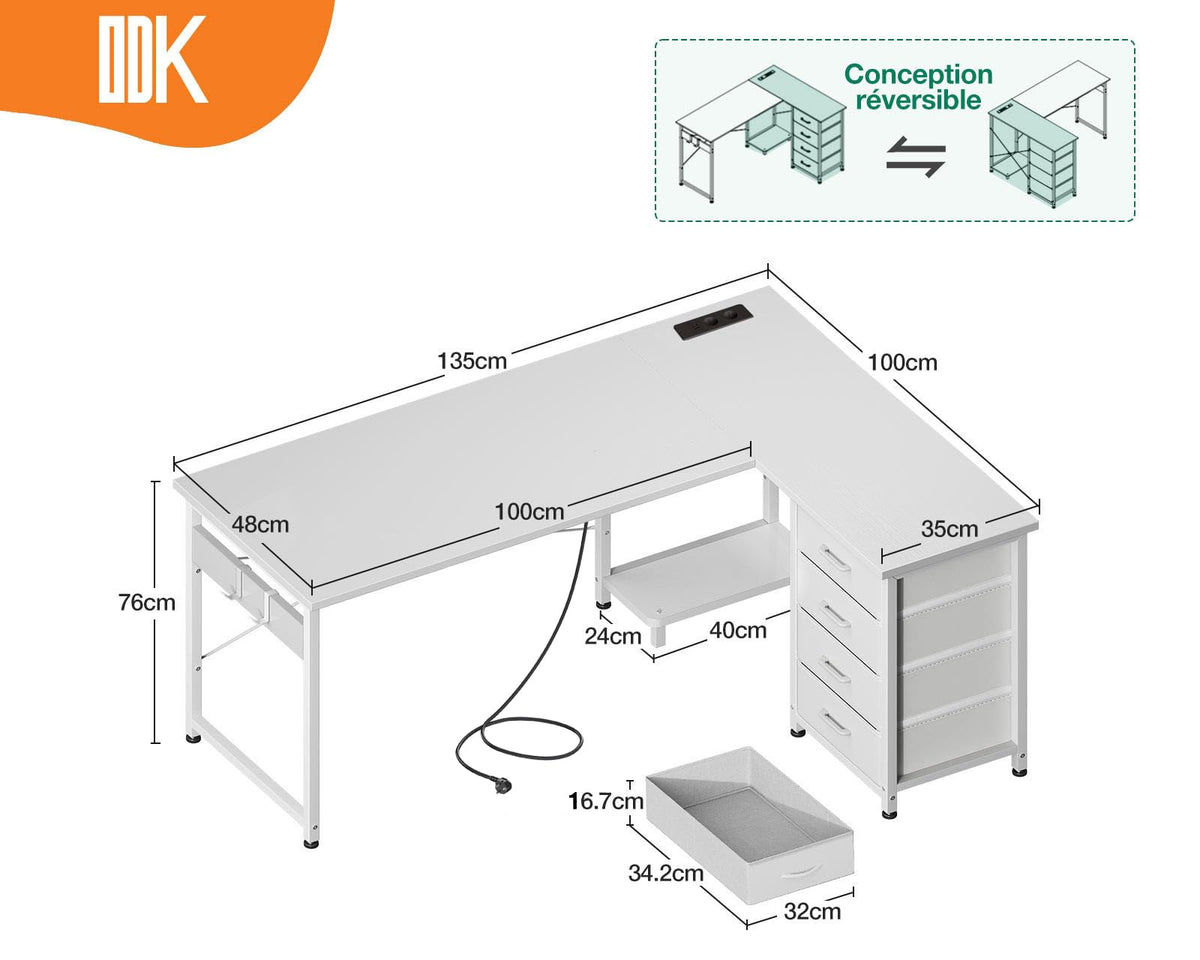 ODK Corner Desk with 4 Fabric Drawers, 135 x 100 cm, White