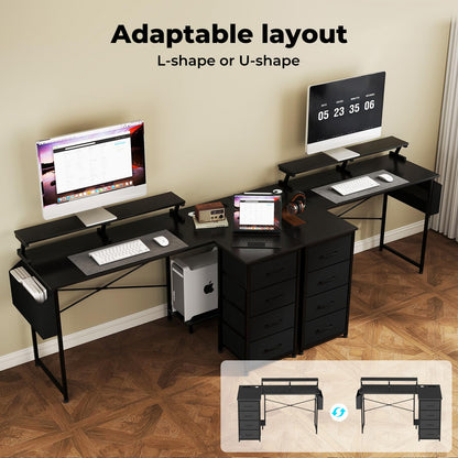 Levede L Shaped Gaming Desk, Built-in Power Outlets & USB Ports, Computer Desk with Storage Drawers & Side Bag for Home Office & Gaming PC Setup, Black
