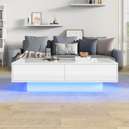 LED Coffee Table with Storage White High Gloss Coffee Table for Living Room with 16 Colors, 2 Drawers, and Remote Control – Modern Rectangular Table for Living Room, Office, and Store 115x55x34cm