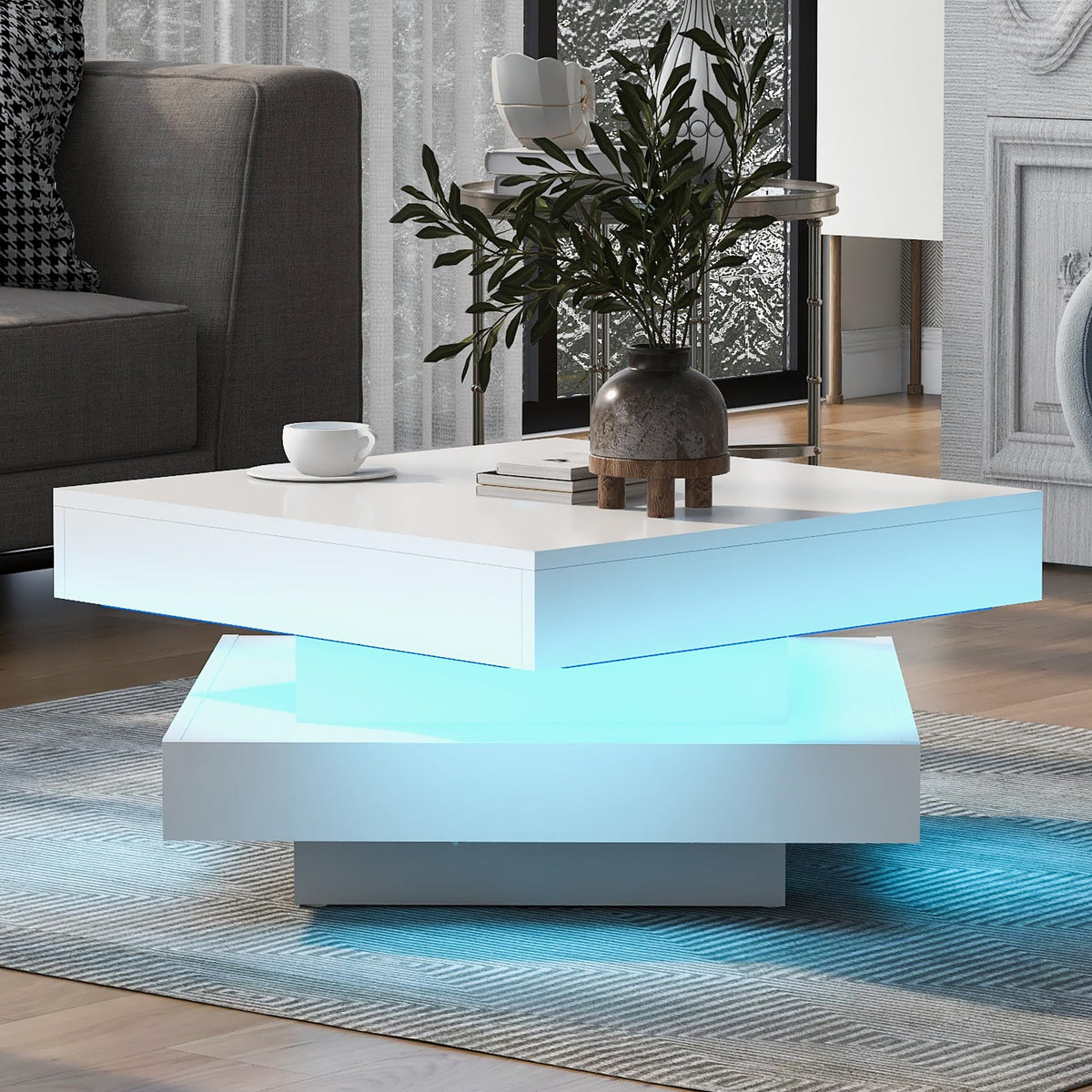 WF324126WAA Bright White Square Coffee Table with Turntable - Modern Techno Style with LED Light, 70 x 70 x 36 cm, 360 Degree Rotating Table