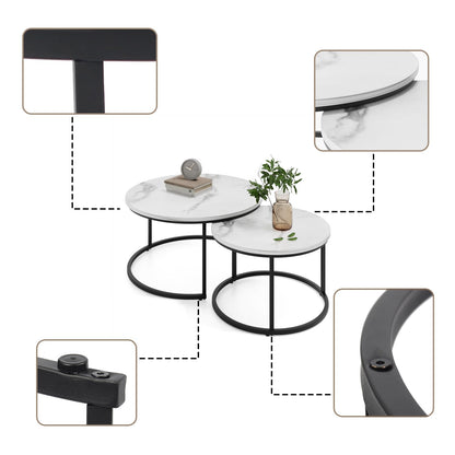 Semiocthome Round Nesting Coffee Table, White Modern Accent Coffee Tables Set of 2, Marble Coffee Table for Living Room Office Small Space, End Side Nesting Tables with Sturdy Metal Frame