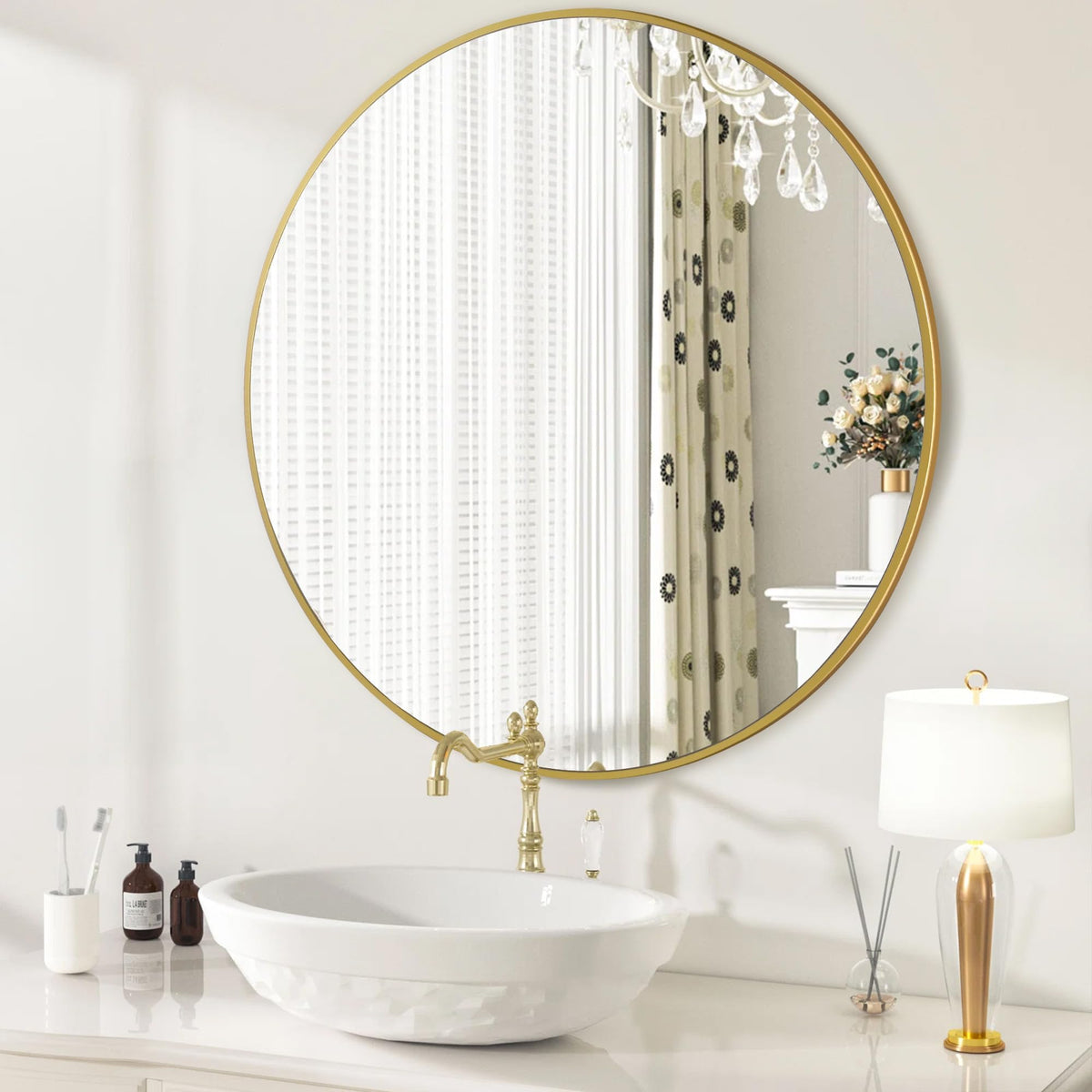 30 Inch Gold Round Mirrors Large Round Bathroom Wall Mirror with Tempered Glass Shatterproof for Entryway Living Room Bedroom (30 Inch, Gold)