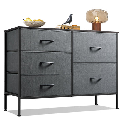 WLIVE 5 Drawer Fabric Dresser for Bedroom, Wide Storage Chest, Dark Grey