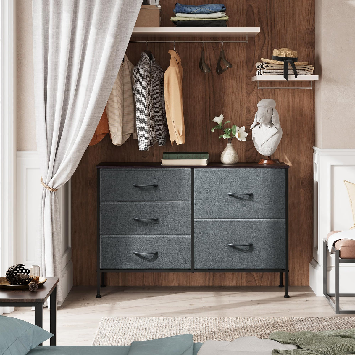 WLIVE 5 Drawer Fabric Dresser for Bedroom, Wide Storage Chest, Dark Grey