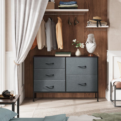 WLIVE 5 Drawer Fabric Dresser for Bedroom, Wide Storage Chest, Dark Grey