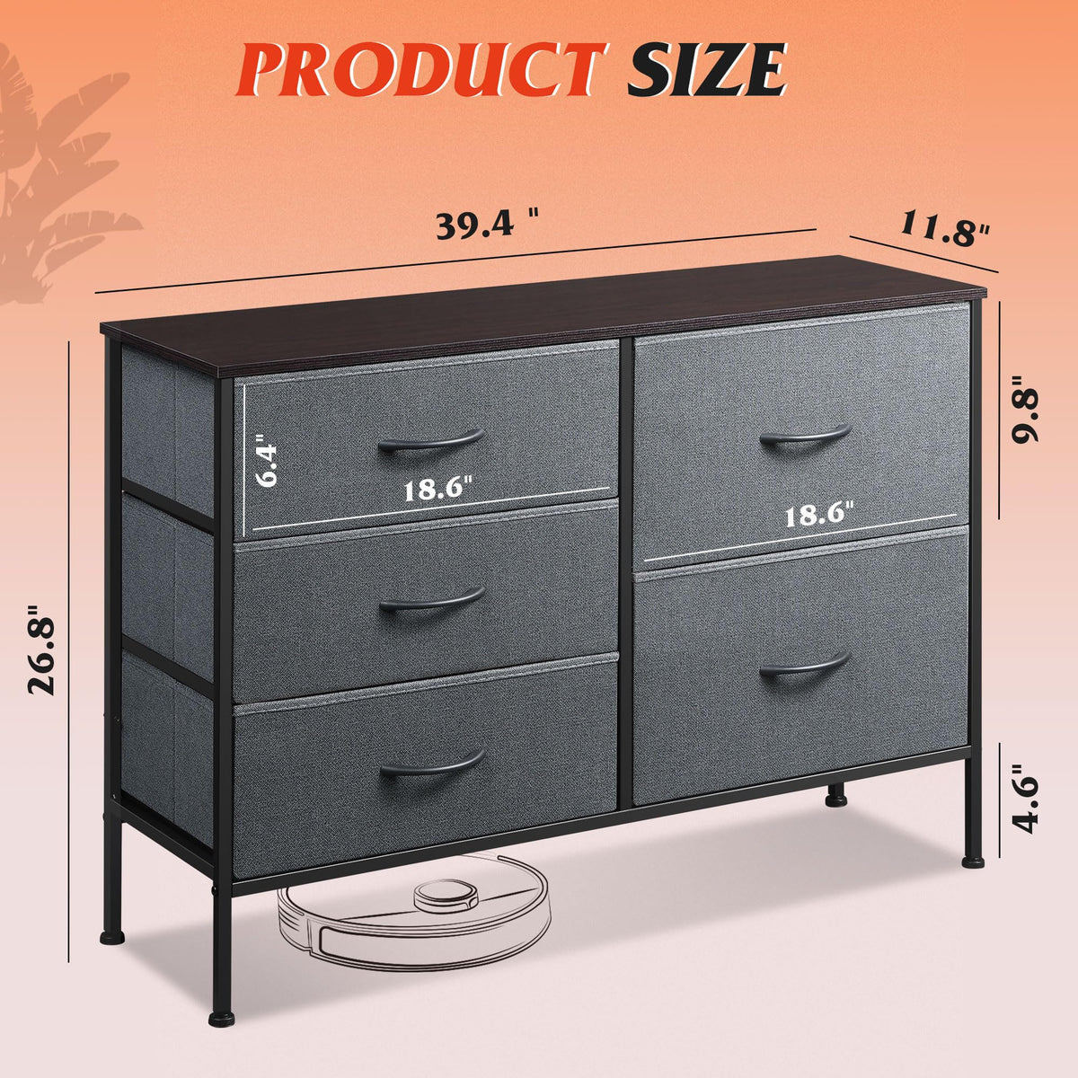 WLIVE 5 Drawer Fabric Dresser for Bedroom, Wide Storage Chest, Dark Grey