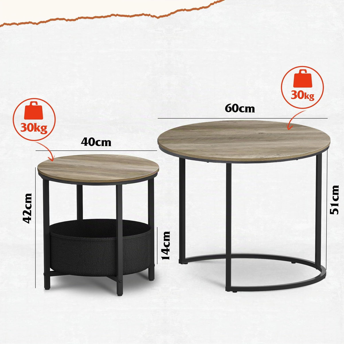 WLIVE Design Coffee Table with Fabric Storage Basket, Durable MDF Top 60 x 60 x 51 cm, Metal Frame and Adjustable Legs, Holds up to 30 kg, Natural Oak Colour