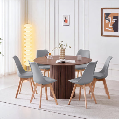 120cm Round Dining Table with 6 Dining Chairs, Round Kitchen Table with Wooden Base, MDF Board, Kitchen Chairs with Plastic Backrest for 4-6 People, Dark Brown+Grey