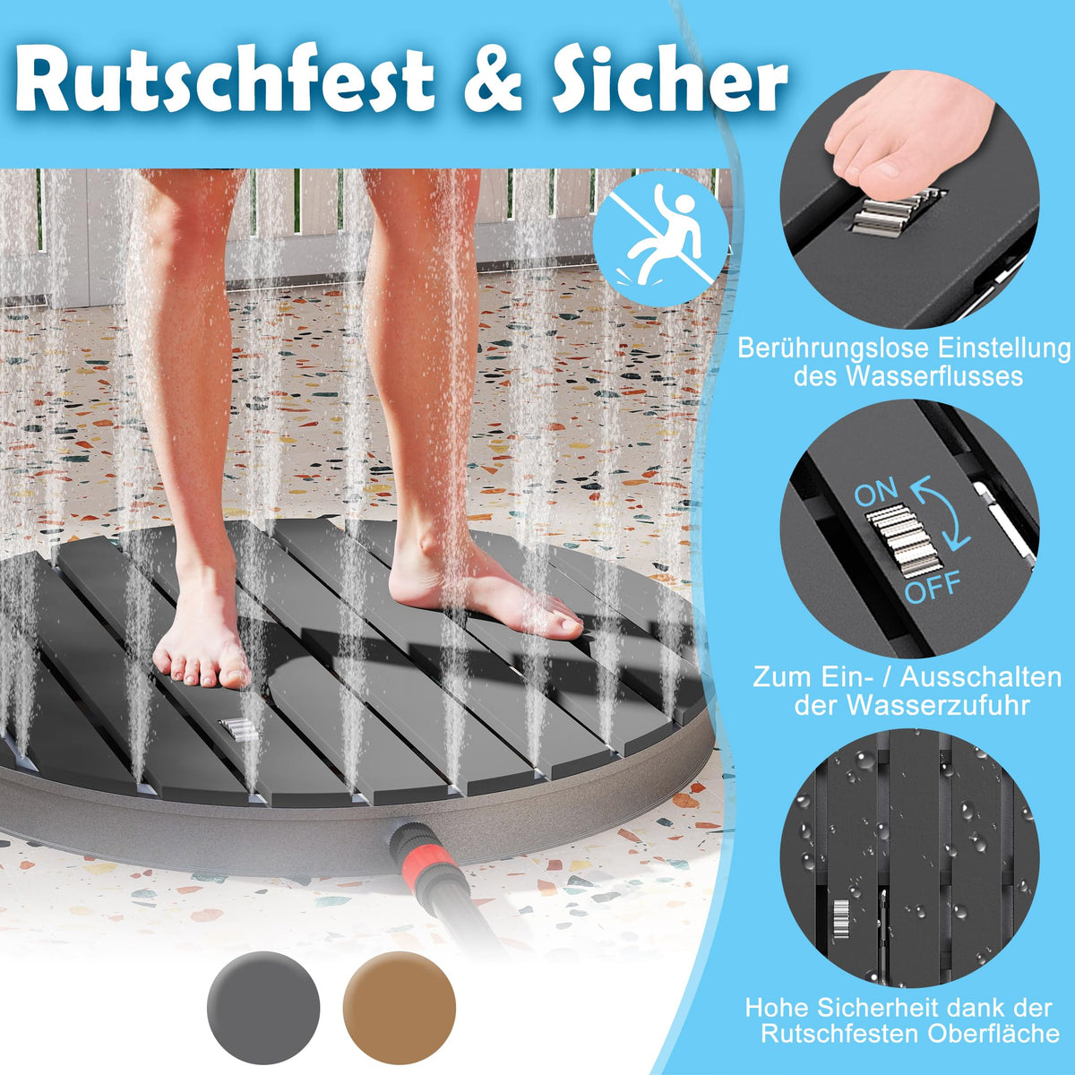 YRHome Garden shower, floor shower, outdoor shower, camping shower, aluminum/WPC, Sauna shower, round, Ø 70cm, fountain height up to 4 m, non-slip stand, weather-resistant, wood look for garden, pool,