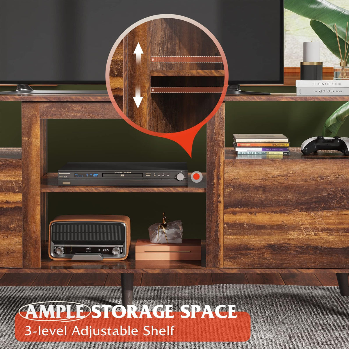WLIVE Mid-Century TV Stand for TVs Up to 65", Storage Cabinet, Retro Brown