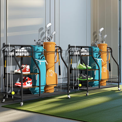 Wisfor Golf Storage Garage Organizer, Golf Rack fits 2 Golf Bags with Lockable 360° Wheels Stand for Indoor & Outdoor Golf Equipment Storage with 3 Shelves, Club Holder, Ball Basket & Hooks